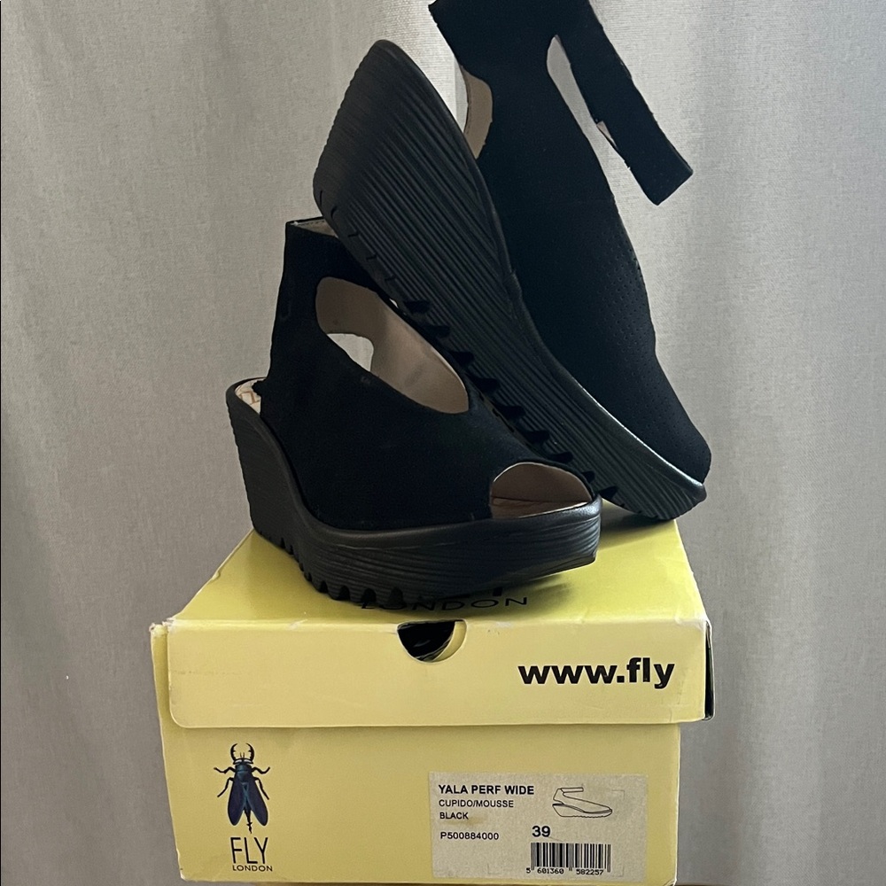 Fly London Black Peep-Toe Wedges